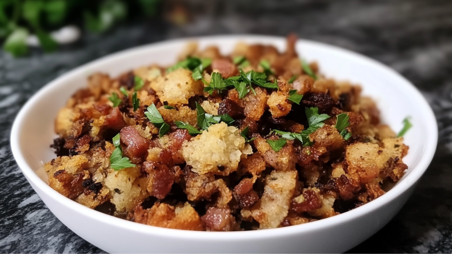 Bacon & Sausage Crunchy Stuffing: keto recipe with 6.4g net carbs