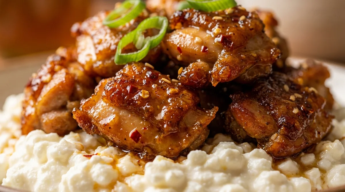Hot Honey Garlic Chicken Cottage Cheese Bowl: keto recipe with 10.4g net carbs