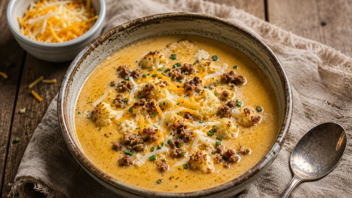 Turkey Cheeseburger Roasted Cauliflower Soup